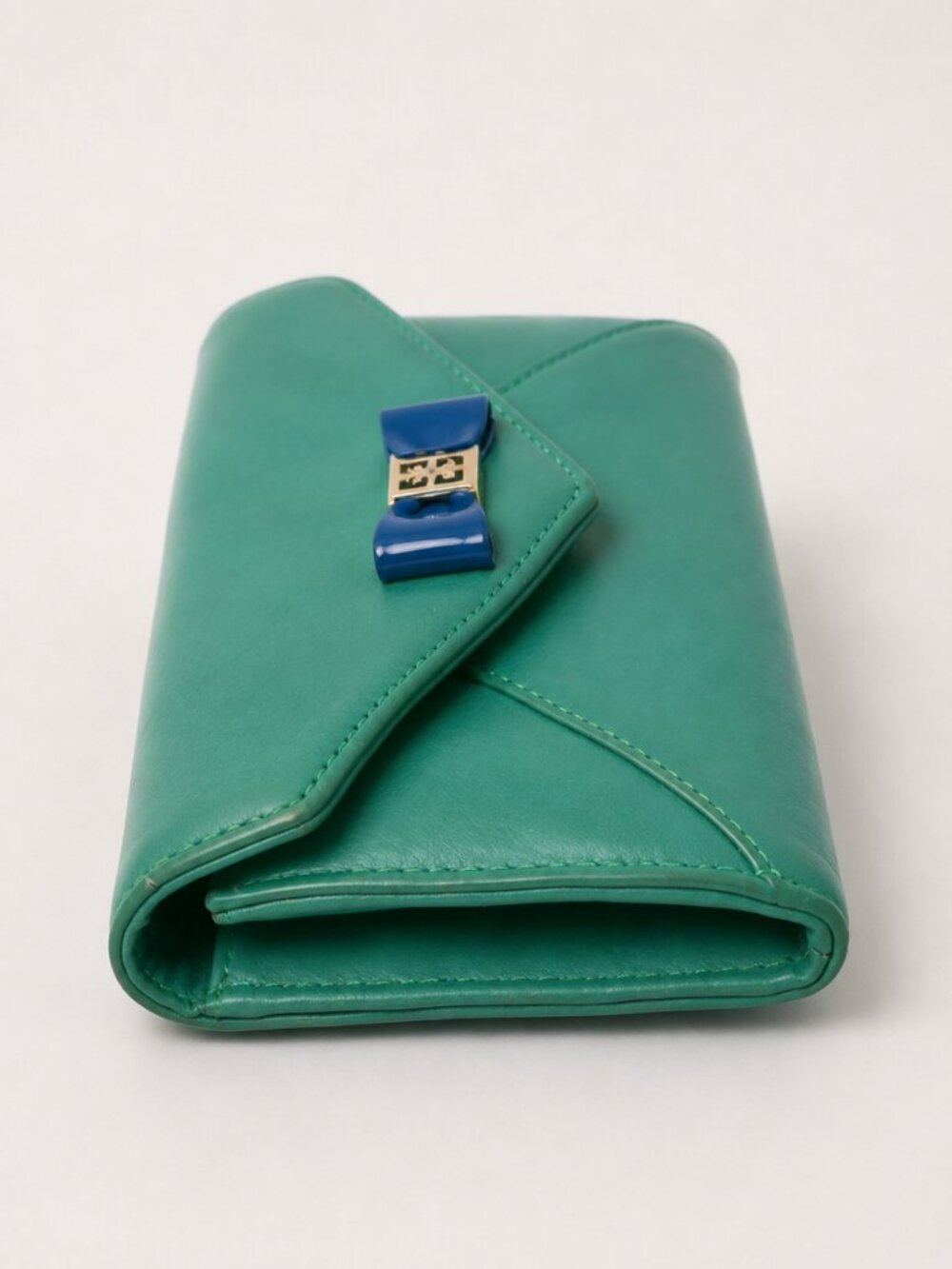 Tory Burch Green Leather Bow Continental Envelope Wallet Blue Enamel Bow - Picture 4 of 9